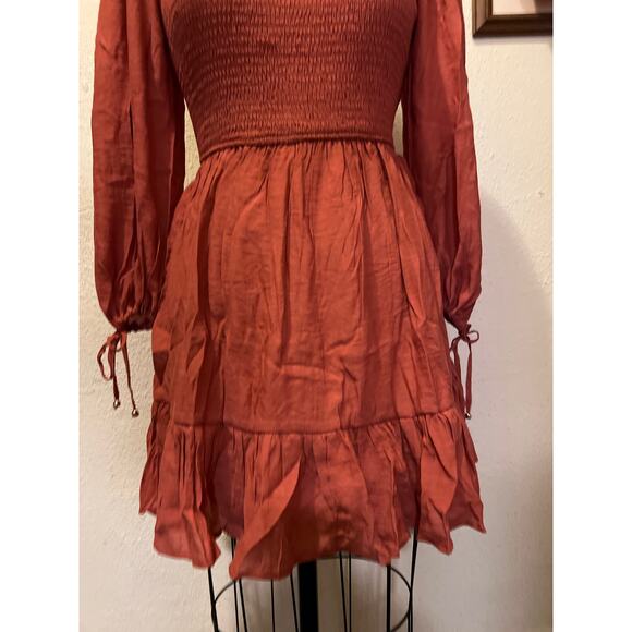 Smocked Frilled Neck Puff Sleeve Ruffle Hem Mini Dress NWOT Size S - Picture 5 of 11